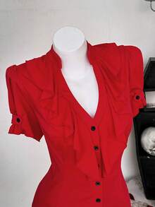 Sunspun Plus Size Mandarin Collar Ruffle Trim Casual Short Sleeve Shirt - Red - View 5