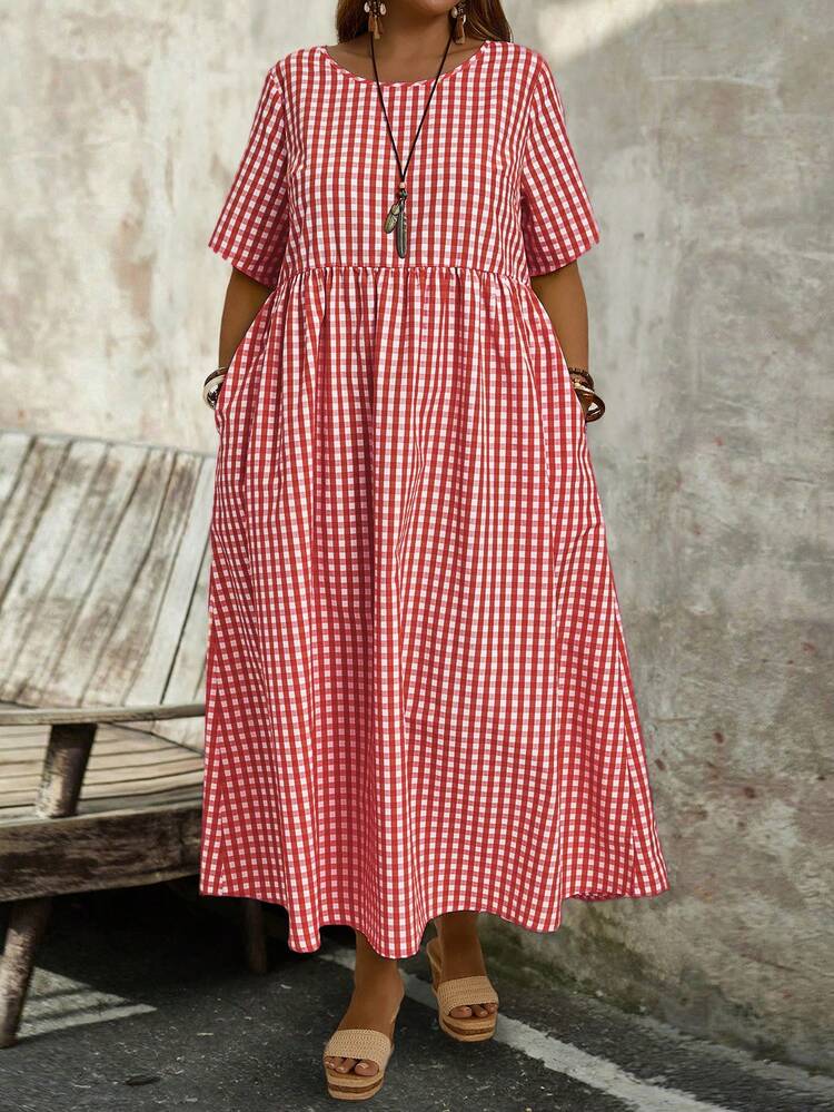Plus Size Women's Summer Yellow Plaid Round Neck Short Sleeve Loose Long Cute Doll Dress With Pockets Women Casual Dresses Women's Summer Dresses Summer Dress Summer Outfits Summer Clothes Spring Dress Spring Outfit Women Spring Clothing Country Style For Women Country Dress For Women Vacation Outfits Women Festival Outfits For Women Beach Outfits For Women
