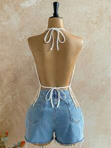 Soleia 女士度假休闲纹理针织露背无袖上衣，流苏下摆，沙滩度假装 - 白色 - 查看 2