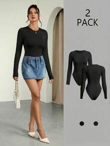 SHEIN Tall 2件套女士纯色针织圆领长袖连体衣，休闲舒适，时尚修身，百搭 - 黑色 - 查看 11