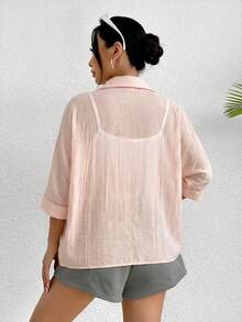 SHEIN PETITE Kemeja Lengan Panjang Minimalis Warna Polos untuk Wanita, Pakaian Kasual - Baby Pink - View 3
