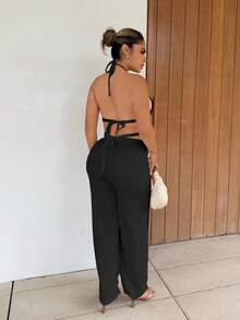 Maria Perezxox French Style Loose Solid Color Waist Tie Halter Relaxed Fit Wide Leg Casual Two Pieces Set For Women - Black - View 2