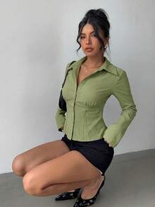 Aloruh Women's New Elegant Spring/Summer Commute & Daily Wear Simple Versatile White Short Sleeve Cinched Waist Pleated Long Sleeve Blouse - Army Green - View 4