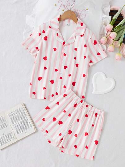 Girls' Pink Striped Heart Print Cute Atmosphere Short Sleeve & Shorts 2 Pieces Pajama Set, Flame Retardant