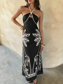 Aloruh 女士新款长裙，热带雨林印花复古浪漫休闲无袖吊带连衣裙，春夏款 - 彩色 - 查看 7