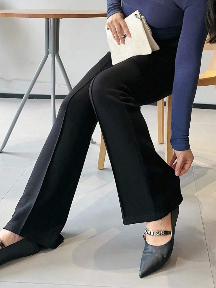 Dazy Plus Plus Size Women's Solid Color Elastic Skinny Flare Leg Casual Pants, All Season Women Dress Pants Fall