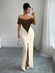 Selianne Contrast Color Patchwork Sexy Ruched Off-Shoulder Dress, Sleeveless Long Dress For Women - Brown - View 3