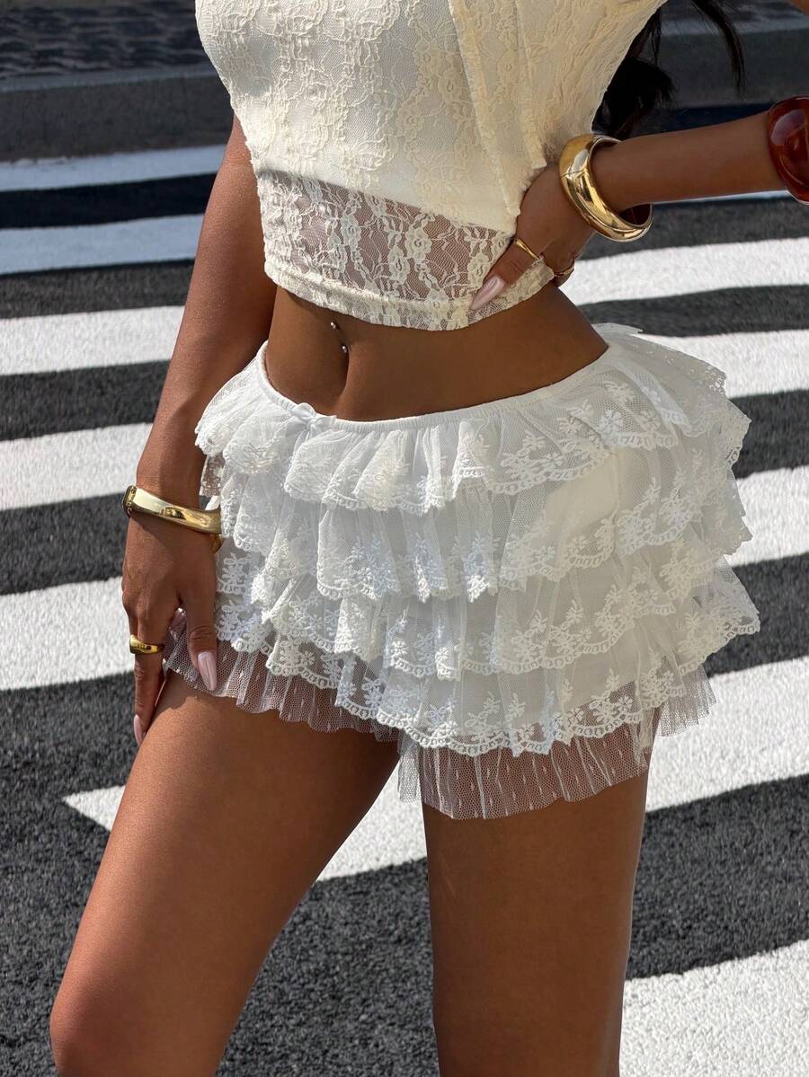 Muchica Women's Elegant Lace Trim Ruffle Shorts, Summer - White - View 1