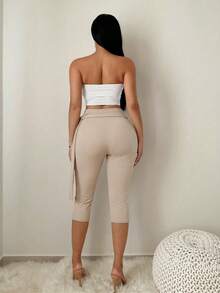 SHEIN SXY 女士高腰修身休闲打底裤，日常百搭 - 棕色 - 查看 2