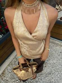 Freevana Bohemian Tie-Dye Khaki Spaghetti Strap Top, Silver Thread Embroidery Drawstring Waist Deep V Camisole, Retro Niche Design Sleeveless Blouse, Suitable For Music Festival - Khaki - View 1