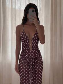 Bonvoyette 女士优雅度假沙滩露背吊带抽绳镂空串珠波点数码印花珍珠连体泳衣，搭配同款及地网纱长裙，春夏秋季 - 彩色 - 查看 2