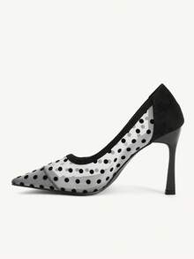 CUCCOO CHICEST 女士户外尖头细高跟鞋，羊毛圆点装饰网布面料，时尚舒适，适合日常、派对、婚礼、宴会等场合，一脚蹬款式 - 黑與白 - 查看 4