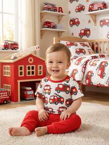Baby Boy Fire Truck Print Round Neck Short Sleeve T-Shirt And Pants Pajama Set - Multicolor - View 3