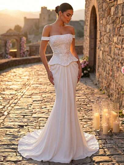 Glamrae Elegant Luxury Glamorous Off-Shoulder Beaded Handmade Applique Palace Style Mermaid Tail Train Dress, Suitable For Dates, Weddings, Red Carpet, All Wedding Events, Women's New Year Wedding Gown