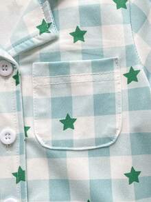 2pcs Baby Boys' Elegant Green & White Plaid And Star Print Cardigan Collar Short Sleeve Pants Comfortable Pajamas Set - Green - View 4