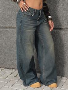 Rayane Ketlyn Quần jeans ống loe túi dáng rộng thoải mái dành cho nữ - màu nâu - Xem 6