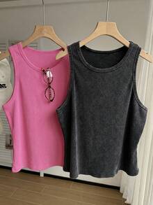 Comfortcana 2pcs/Set Brown Solid Color Sleeveless Washed Comfortable Ribbed Crew Neck Knit Tank Tops, Plus Size, Spring/Summer Gym - Hot Pink - View 5
