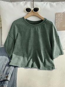 SHEIN EZwear Plus Size Short Sleeve Cotton T-Shirt, Washed Snowflake Design, Spring - Dark Green - View 4