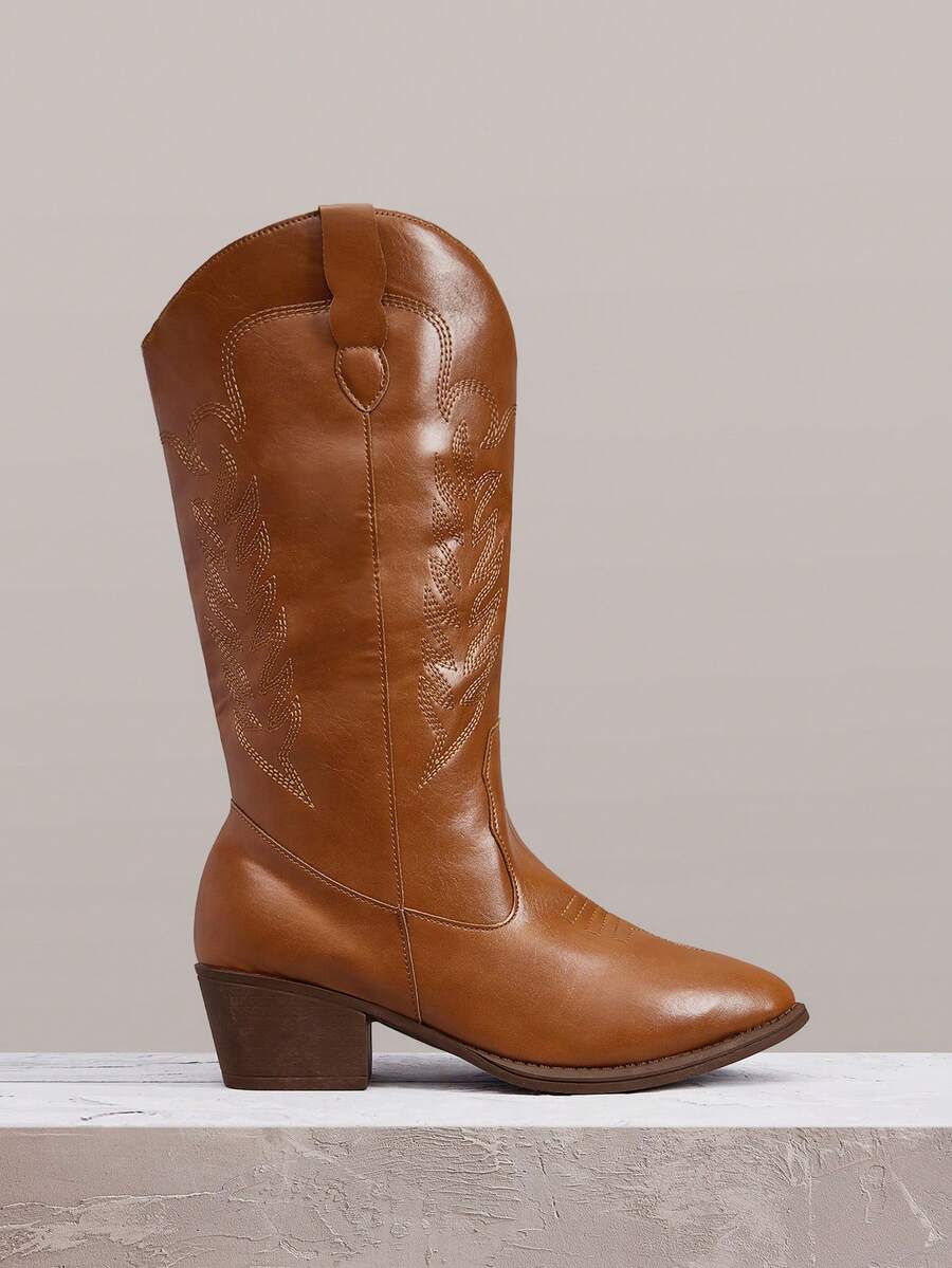 Styleloop 女士棕色尖头低跟西部风格靴，套穿式骑马过膝长靴，刺绣V型开口套穿式皮靴，中筒靴，适合音乐节、派对等场合，美式复古风格 - 深棕色 - 查看 1