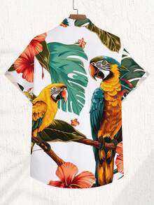 VIVINTIMO Camisa de manga corta con botones y estampado tropical de loros para vacaciones de verano de hombres - Blanco - Ver 3