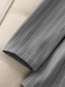 Franclia 休闲通勤百搭单扣修身条纹面料春秋季卡其色女士西装外套，女士夹克，女士休闲外套，女士条纹西装外套 - 灰色 - 查看 4