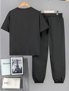 Vacaura Set de 2 piezas de camiseta de manga corta y pantalones con estampado de brillo negro y azul cielo, casual, adecuado para actividades al aire libre de primavera/verano para adolescentes - Negro - Ver 2