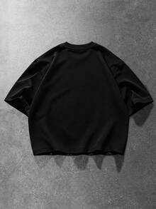 ROMWE MEN Street Life Men's Loose Fit Drop Shoulder Short Style Printed T-Shirt - Black - View 2