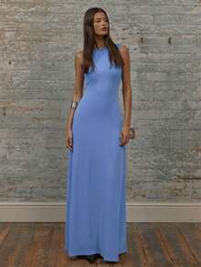 MUSERA Vestido maxi con cuello redondo y mangas caídas, vestidos de verano para mujeres, elegantes, lindos, sexys, para vacaciones, estilo bohemio, para invitadas de boda, playa, vacaciones, otoño, boda, elegante, cumpleaños, iglesia, salida nocturna, otoño, verano - Celeste - Ver 4