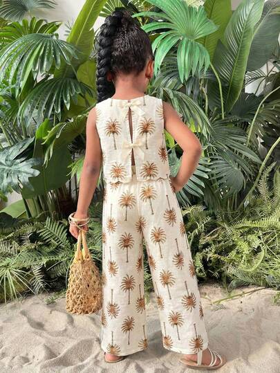 SHEIN Conjunto informal de 2 piezas de top sin espalda con lazo y estampado de palmera de albaricoque, y pantalones de pierna ancha para niña en vacaciones