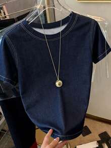SHEIN 女士纯色休闲圆领短袖T恤，夏季 - 彩色 - 查看 4