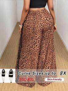 SHEIN CURVE+ 2025新款女士加大码休闲豹纹撞色腰带蝴蝶结直筒裤，时尚百搭 - 彩色 - 查看 2