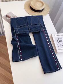 GlowEve Women's Floral Embroidered Pocket Wide Leg Loose Casual Denim Jeans - Blue - View 2