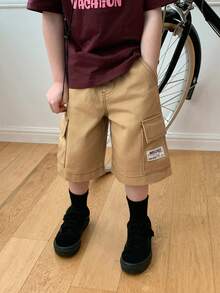 DAZY Pantalones cortos de mezclilla casuales con bolsillos parche para niño pequeño, verano - Caqui - Ver 3