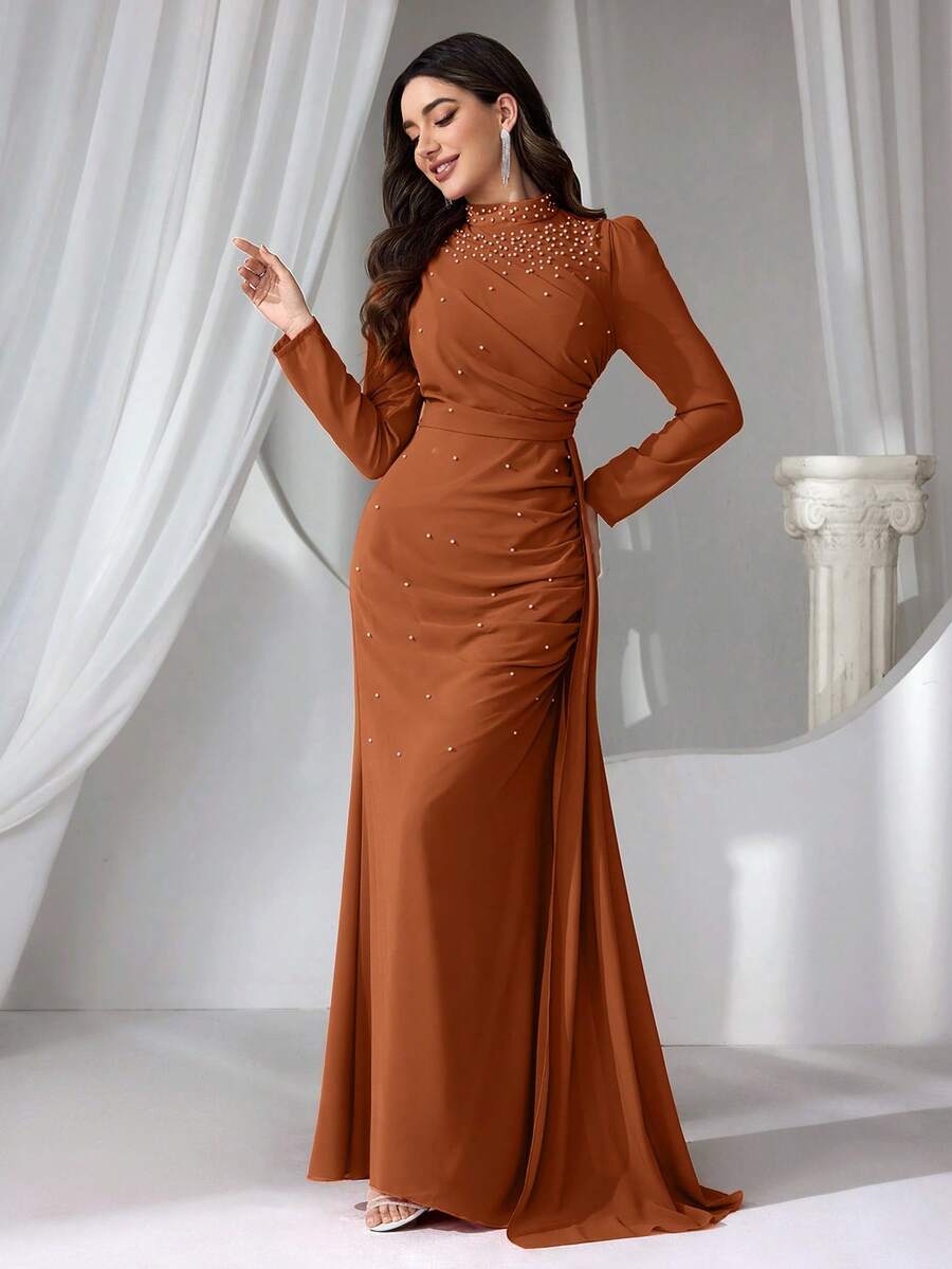 Coutiva 女士立领仿珍珠长款晚礼服 - 棕色 - 查看 1