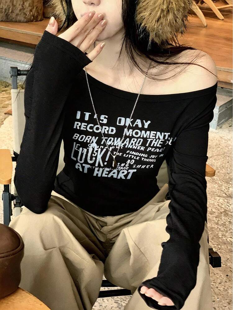 Women's Letter Print Asymmetric Collar Casual Long Sleeve T-Shirt Graphic Tees Women