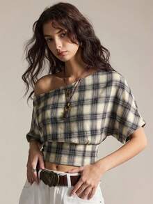 Easelle 2026 Damen Karomuster Fledermausärmel Lässiges Loose Top, asymmetrische Schulter Karobluse, Retro Kurzarm Tops in mehreren Farben - Verschiedenfarbig - Übersicht 8