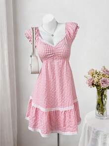Sweetra Nouvelle robe d'été mode douce à carreaux roses, col en V, patchwork en dentelle, manches courtes - Rose bonbon - Voir 4