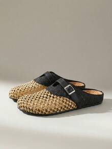 Solecia Women Shoes Spring And Summer New Woven Mat Net, Splicing With Decoration, Round Toe Design, Slip-On Heel, Comfortable And Simple Vacation, Women's Flat Shoes, Essential For Commuting, Casual Versatile, Dating Travel, Afternoon Tea - Black - View 2