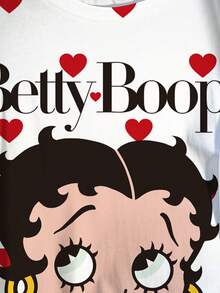Betty Boop x SHEIN Áo thun tay ngắn cổ tròn in họa tiết tối giản cỡ lớn - trắng - Xem 4