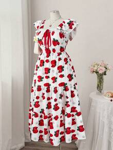 Sweetra 大码菱形领草莓印花收腰A字拼接短袖连衣裙 - 彩色 - 查看 4