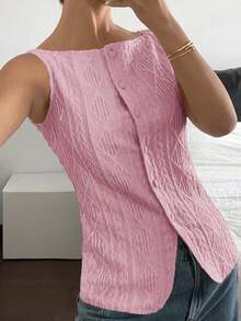 Camisa sin mangas de verano para mujer con cuello cuadrado, botones frontales y textura simple - Rosa - Ver 4