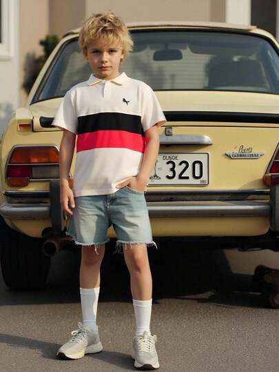 SHEIN 男童休闲撞色条纹短袖Polo衫，夏季