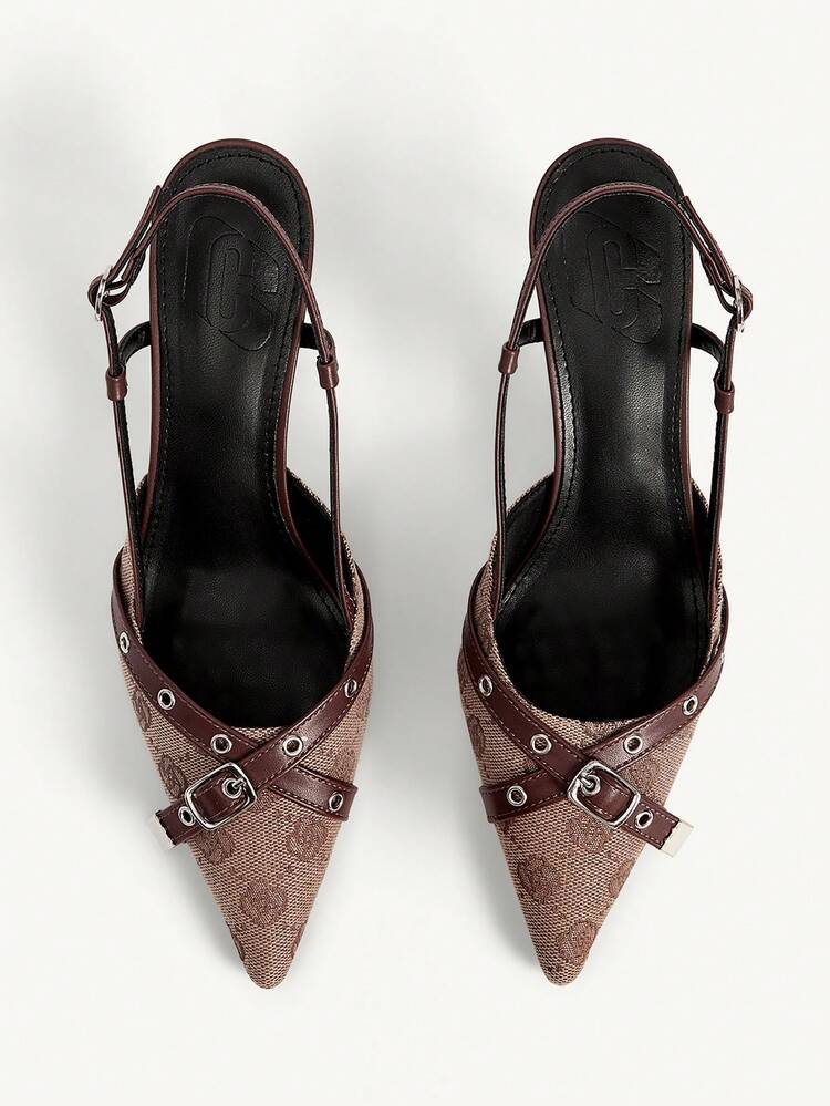 CUCCOO CHICEST Women Shoes 2026 Vintage Printed Metal Buckle Tipped Heel 7.2cm Sexy Wind Brown Closed Toe Women's High Heel Sandals Commuting Elegant Dating Women's High Heel Shoes