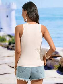 SHEIN Holidaya Spring Vacation Casual Hollow Crochet Floral Round Neck Sleeveless Fitted Women Tank Top - Khaki - View 2