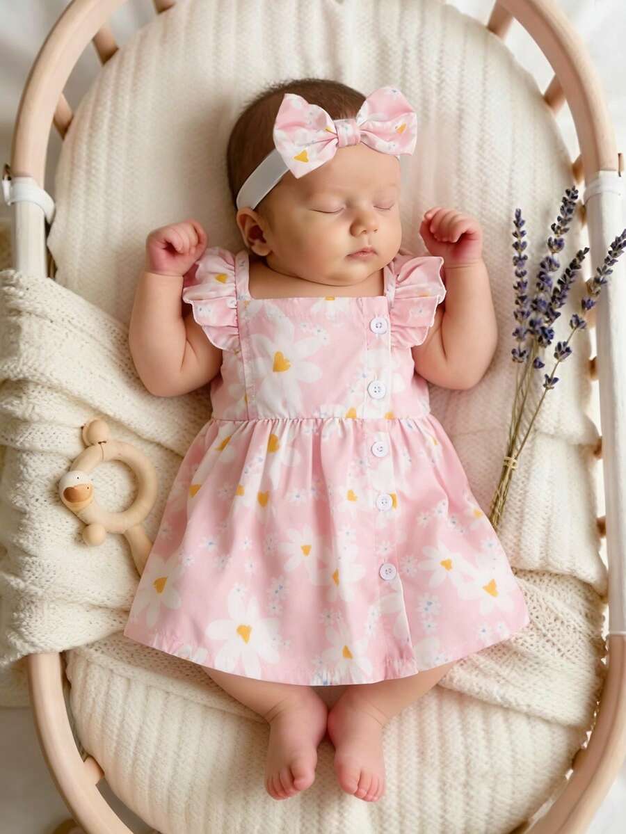 SHEIN Đầm xòe không tay màu hồng mùa hè cho bé gái. Thiết kế cài khuy bên hông đầy tinh nghịch. Băng đô nơ cùng màu. Họa tiết hoa toàn thân vui nhộn và dễ thương với màu sắc nhẹ nhàng. Thích hợp cho những buổi đi chơi hàng ngày. Trang phục cho bé gái. Ootd (trang phục thường ngày). - Hồng - Xem 1