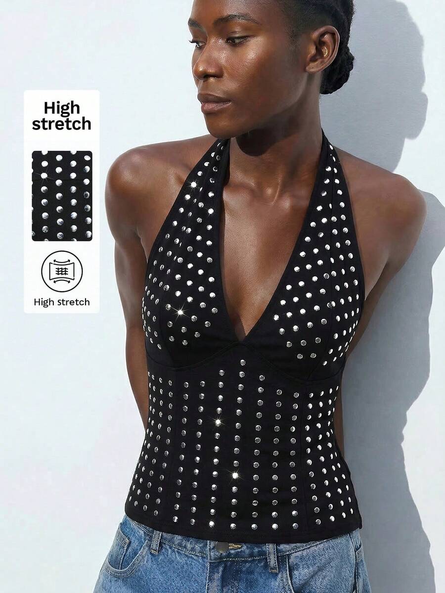 Maija Black Halter Crop Top, Modern Urban Style, Suitable For Party, Casual Outing, Autumn - Black - View 1