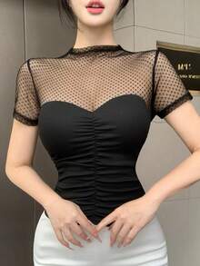 DAZY 黑色波點透視網紗拼接T恤，性感派對、婚禮、音樂節夏季外出上衣 - 黑色 - 查看 9