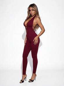 SHEIN ICON Bộ áo liền quần hở lưng cổ yếm màu trơn dành cho nữ - Màu Đỏ Sâu - Xem 3