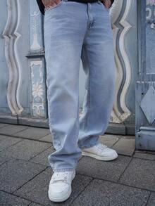 LEOGASHI LEOGASHI 男士 Y2K 直筒休闲水洗牛仔裤，简约黑色牛仔裤 - 淺色水洗藍 - 查看 5