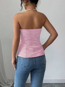 Rafferiza Women's Summer Pink Textured Bandeau Tight Crop Top With Pearl Button Detail - Hot Pink - View 2
